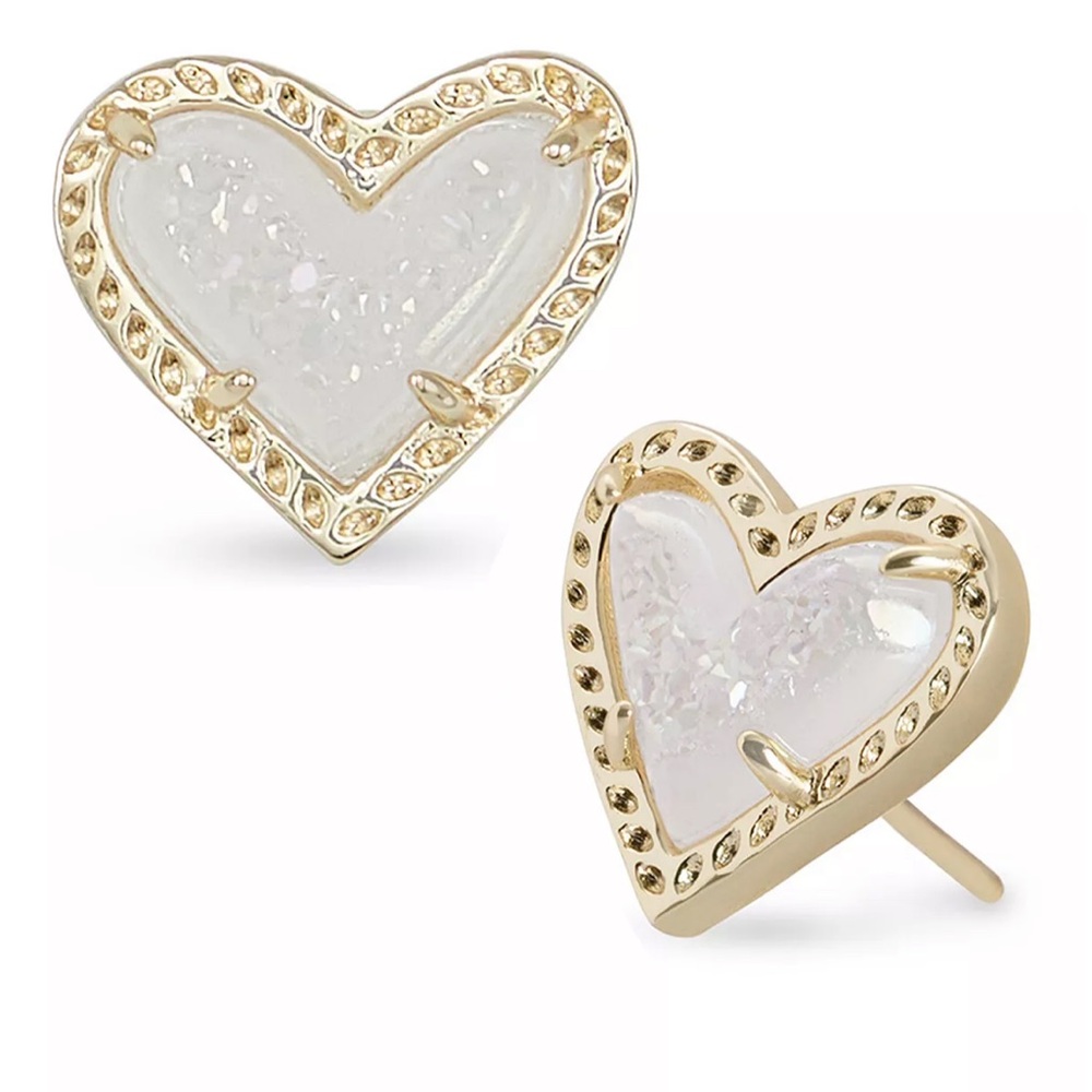 NWT- Kendra Scott Ari Heart Gold Stud Earrings in Iridescent Drusy